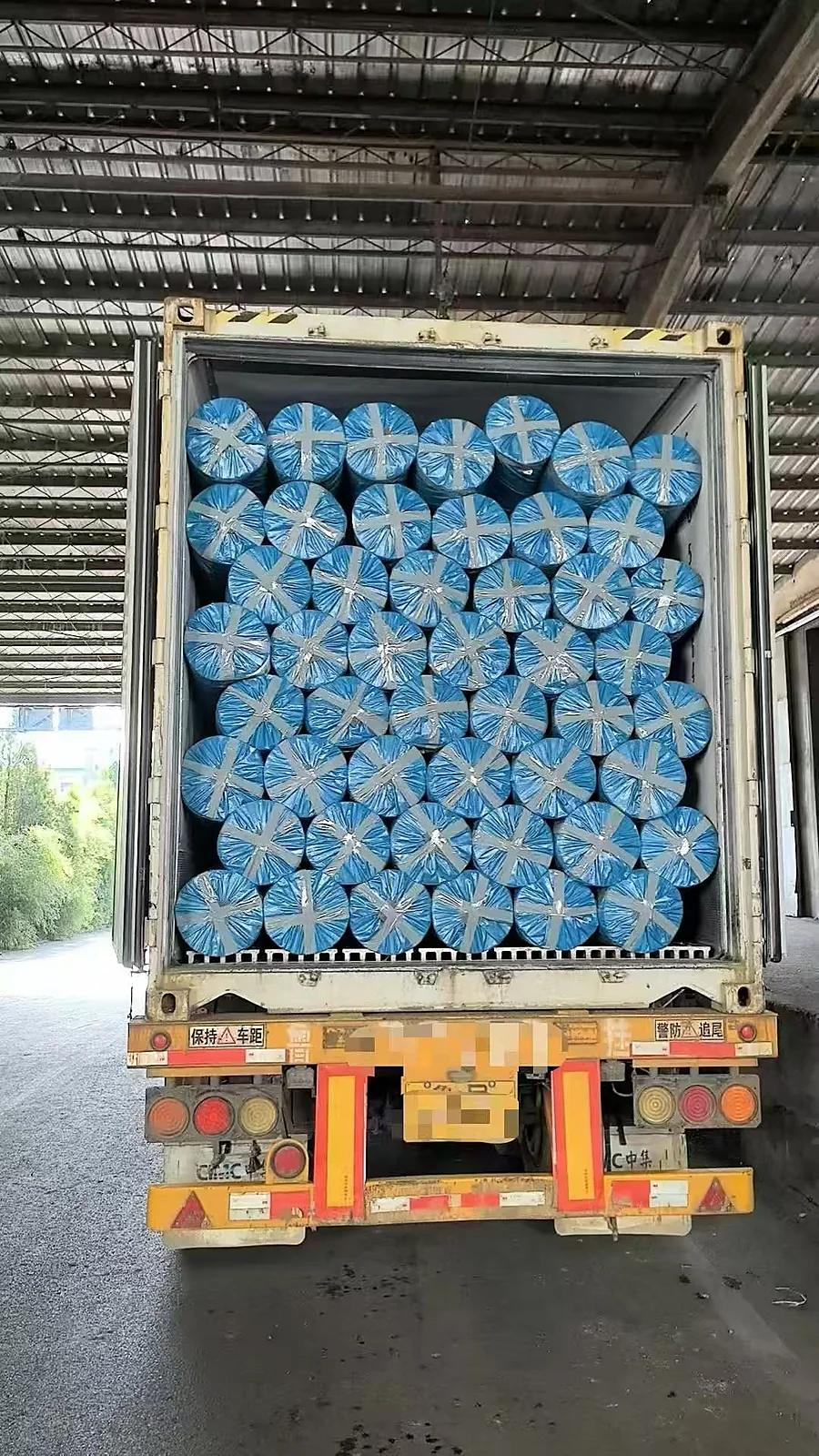 Container loaded with packed rolls